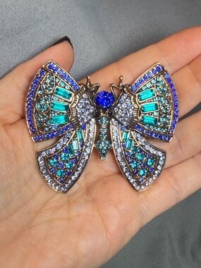 Exquisite Blue Crystal Butterfly Insect Art Deco Brooch Pin 2.75 inches